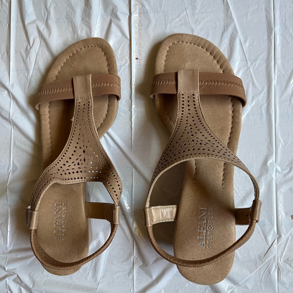 Alfani sandals size 7 1/2 with heel 1 1/2 tall tan with suede like sole.